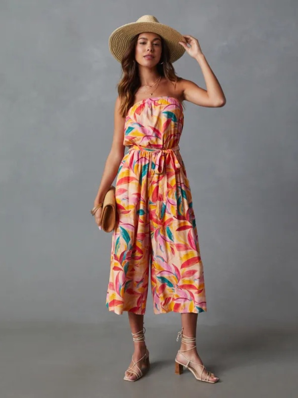 Vici Strapless Multicolor Leaf-Print Jumpsuit in Pink